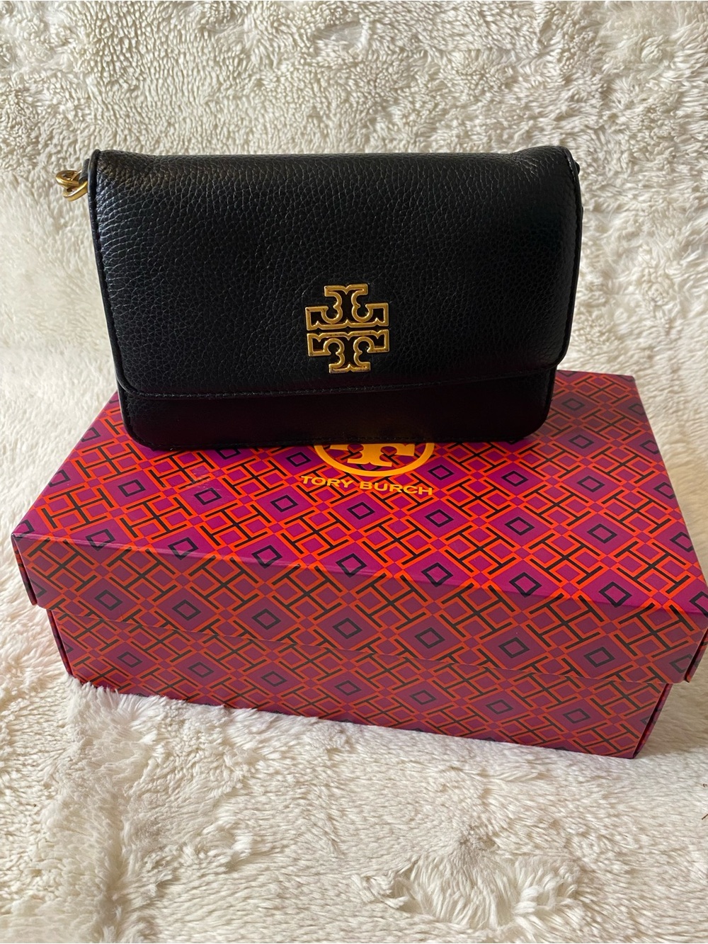 Tory Burch Black Pebbled Leather Flap Crossbody with Gold Logo